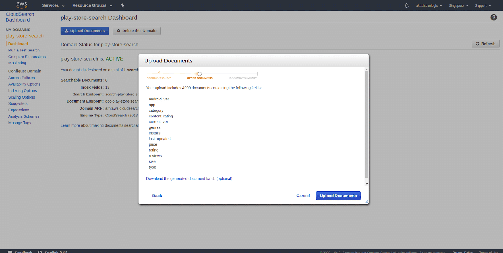 screenshot of Amazon Cloud Search